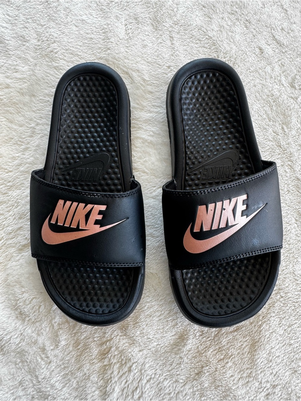 Nike Kids Black Slides with Rose Gold Swoosh